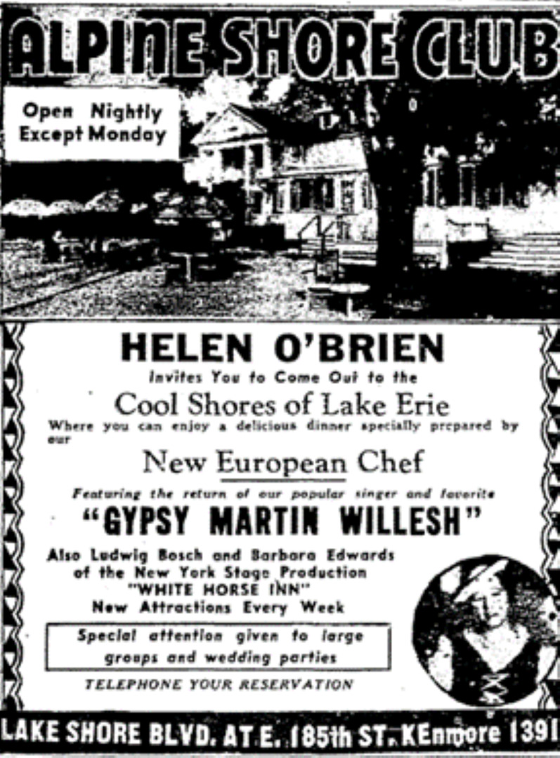 Helen O'Brien's Alpine Shore Club Advertisement