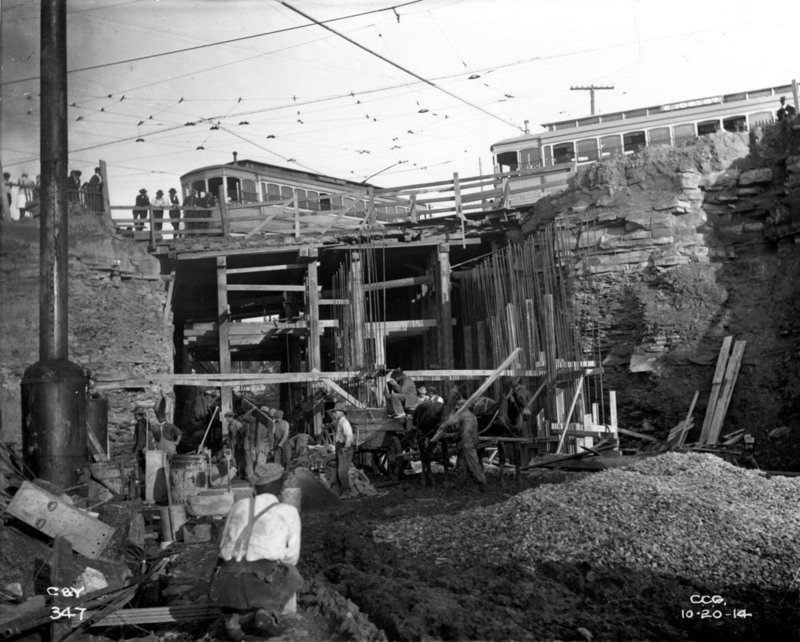 Streetcars Atop Bridge Over Shaker Rapid, 1915
