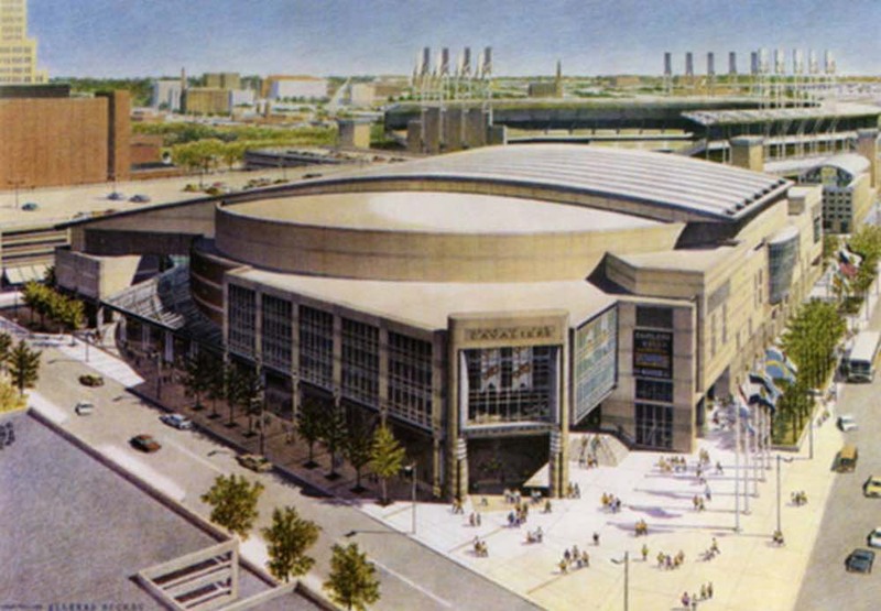 Rendering of Gund Arena and Jacobs Field, 1992