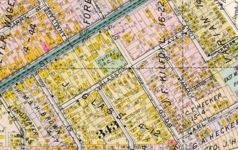 1889 map showing the location of the first St Vitus Church