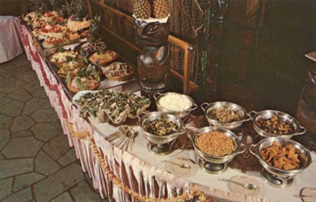 Postcard featuring Kon-Tiki's lunch buffet.