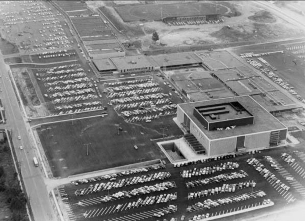 Aerial View of May Co. Building and Parking Lot