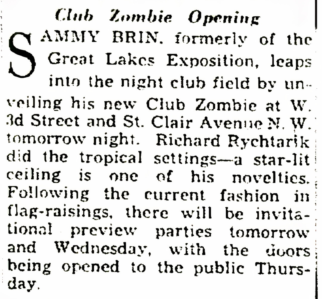 Plain Dealer announcement of Club Zombie's opening in 1940