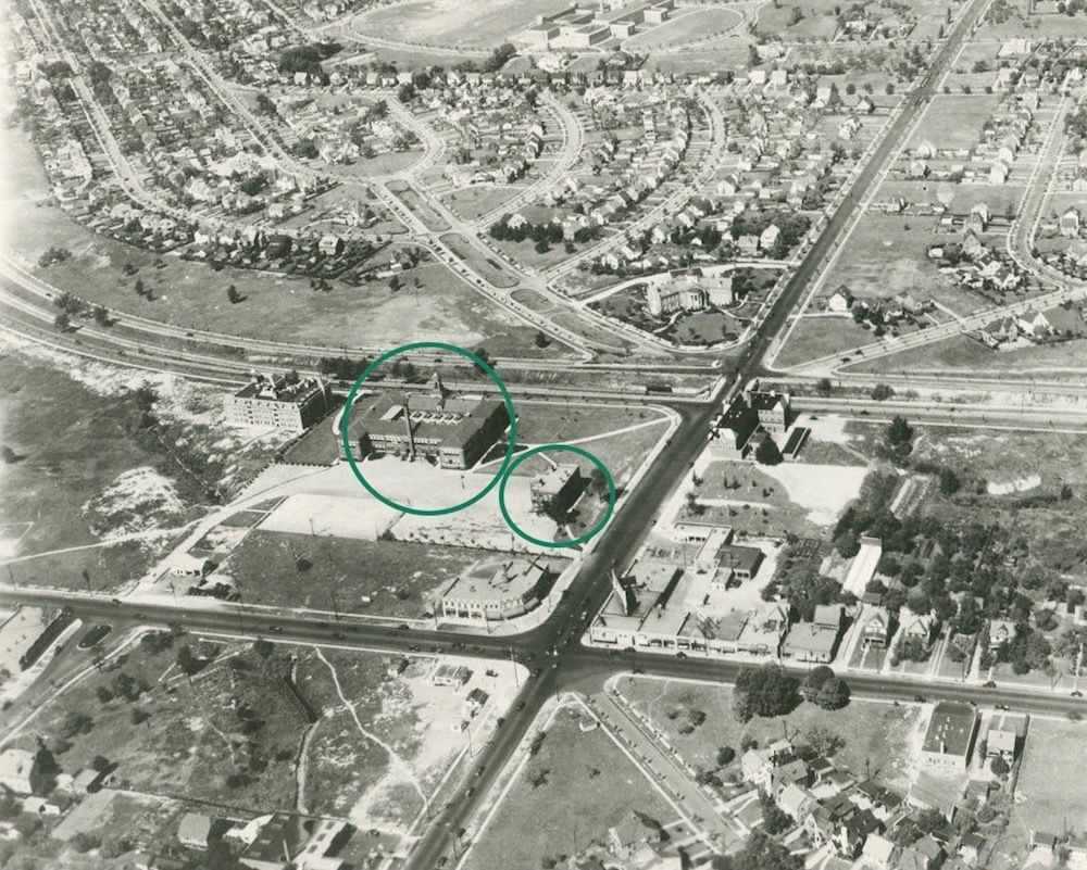 1932 aerial view of historic school buildings
